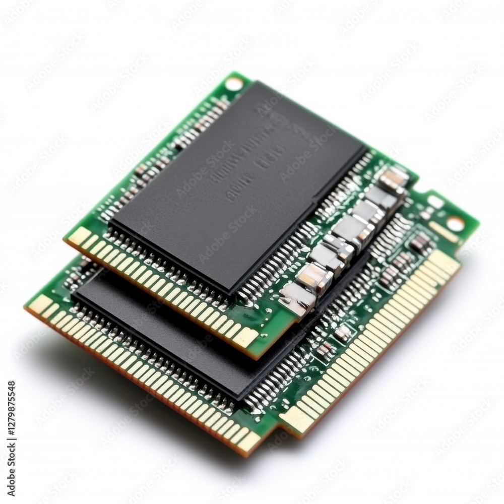 Close-up of modern computer memory module with chips and circuit board on white background for tech projects Close-up of modern computer memory module with chips and circuit board on white background for tech projects