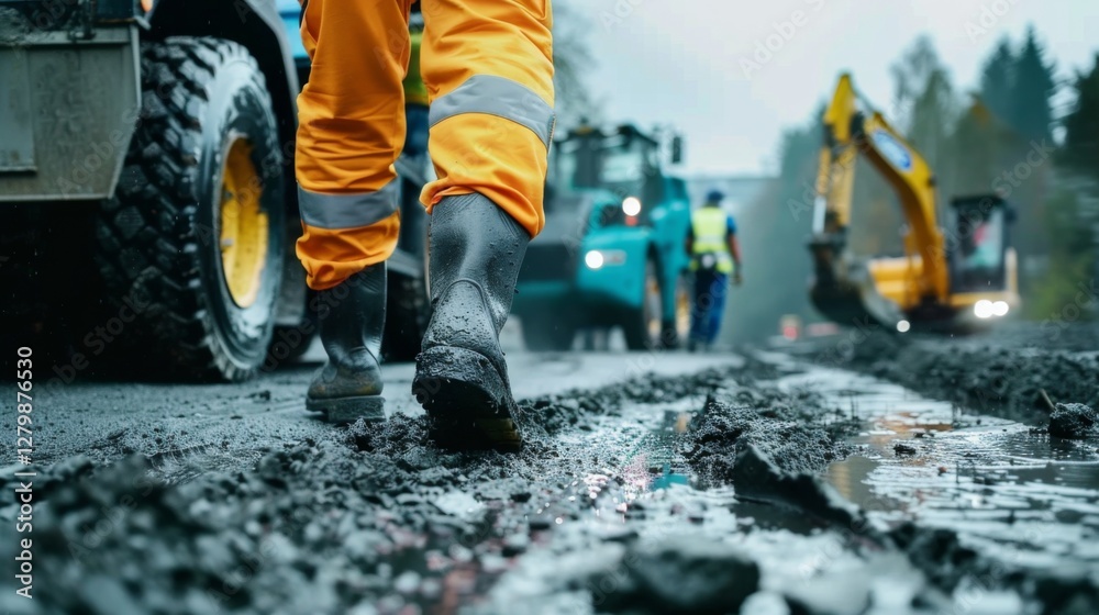 Construction Worker Walking on Road Site Construction Worker Walking on Road Site
