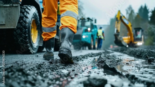 Construction Worker Walking on Road Site photo