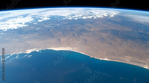 Stunning view of Earth from space. A vast, arid landscape meets the deep blue ocean.  Clouds drift over mountains, creating a dramatic contrast. photo