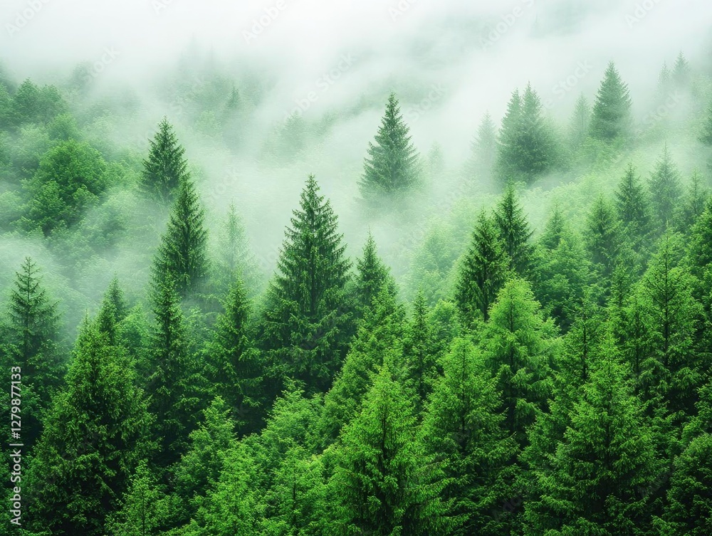 Fototapeta premium Misty Forest: Lush Green Conifers Enveloped in Fog, Tranquil Nature Scene