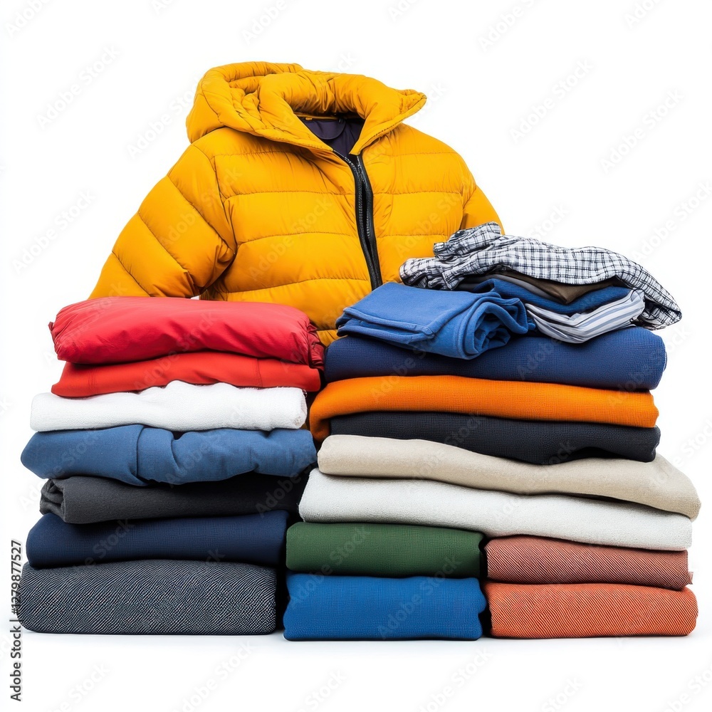 Colorful Stack of Folded Clothes with Yellow Jacket on Top, Perfect for Fashion and Apparel Stock Photography Colorful Stack of Folded Clothes with Yellow Jacket on Top, Perfect for Fashion and Apparel Stock Photography