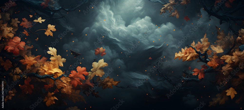 cloud and leaves, colorful patterns on a dark background, ai generative cloud and leaves, colorful patterns on a dark background, ai generative