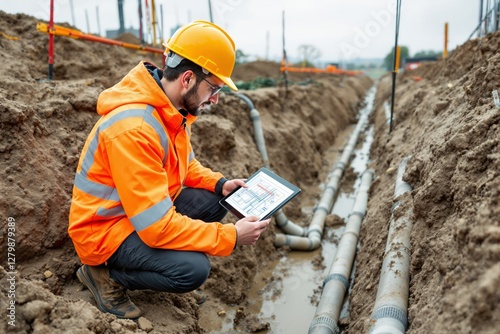 Engineer in safety gear analyzing digital plans on a tablet at a muddy construction site with underground pipes in the background. Concept of infrastructure. Ai generative