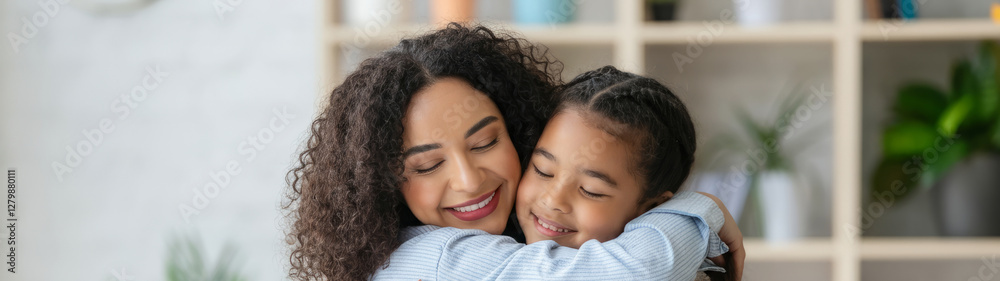 A woman and a child are hugging each other in a living room A woman and a child are hugging each other in a living room