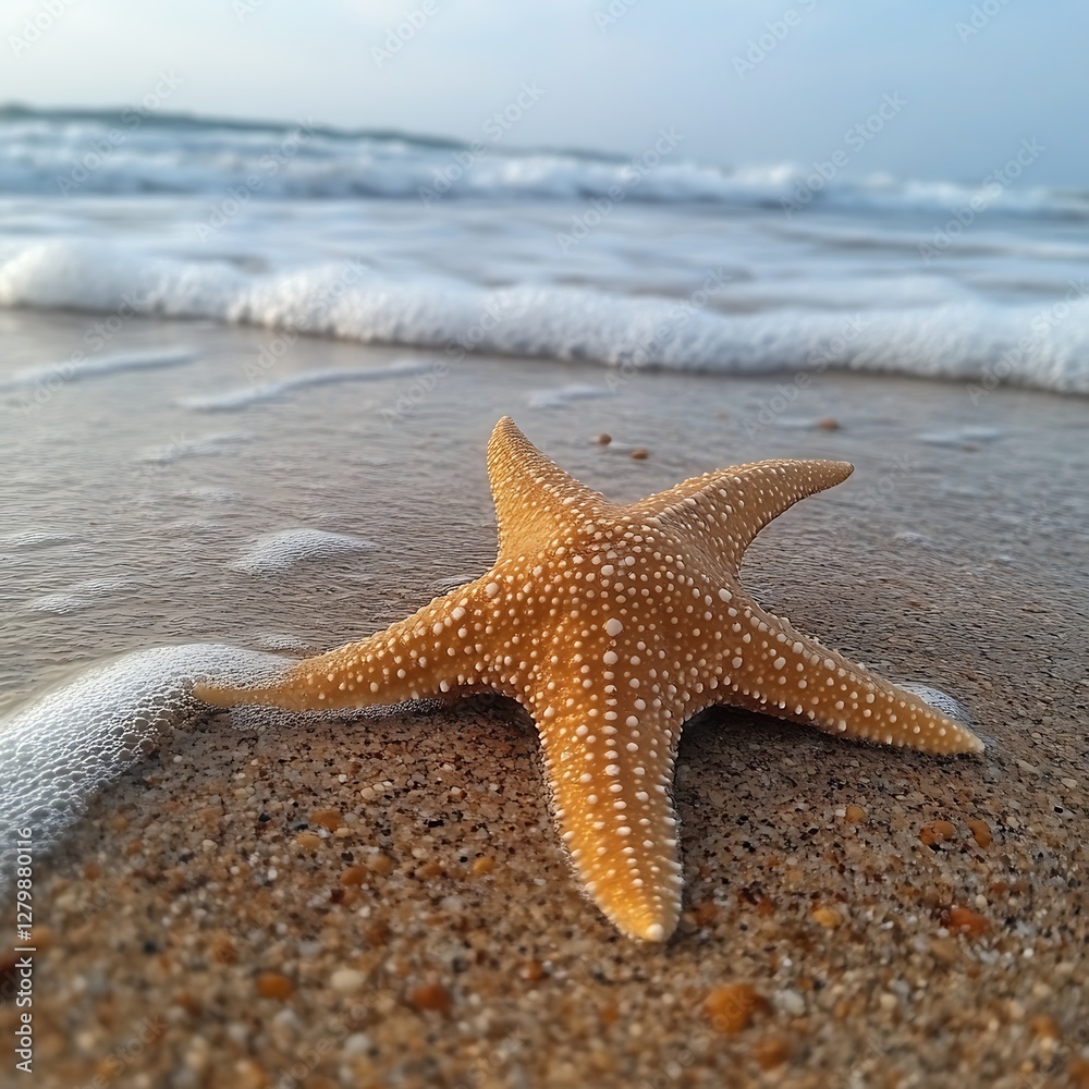 Starfish on beach, ocean waves, morning light Starfish on beach, ocean waves, morning light