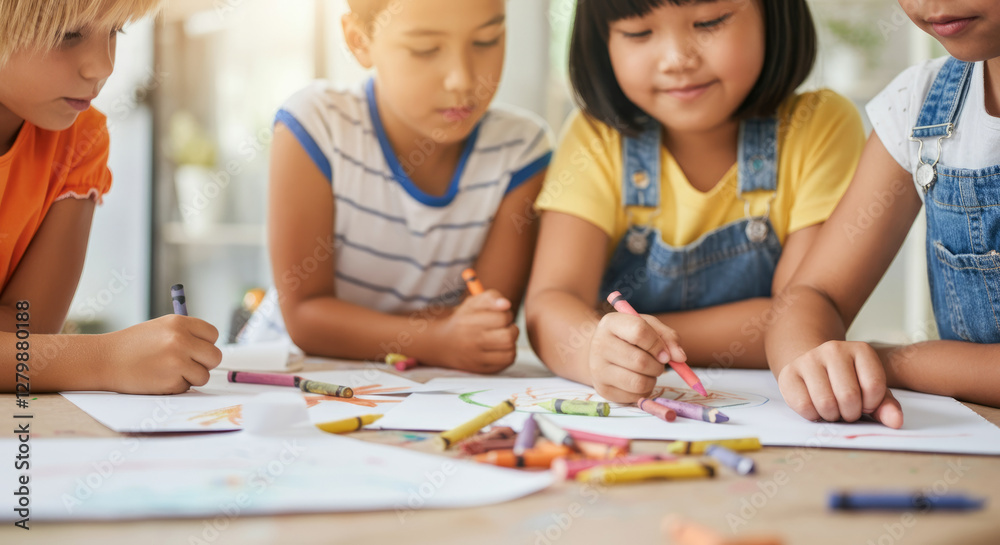 A group of children are drawing on a table with a variety of crayons A group of children are drawing on a table with a variety of crayons