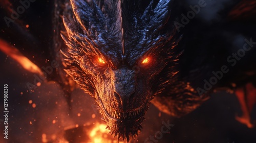 Dragon Face Close-up with Orange Eyes and Fiery Background