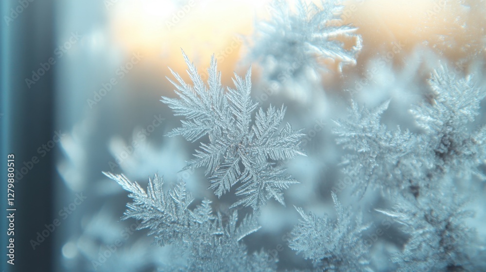 Frost Crystals on Glass Pane with Blurred Background Frost Crystals on Glass Pane with Blurred Background