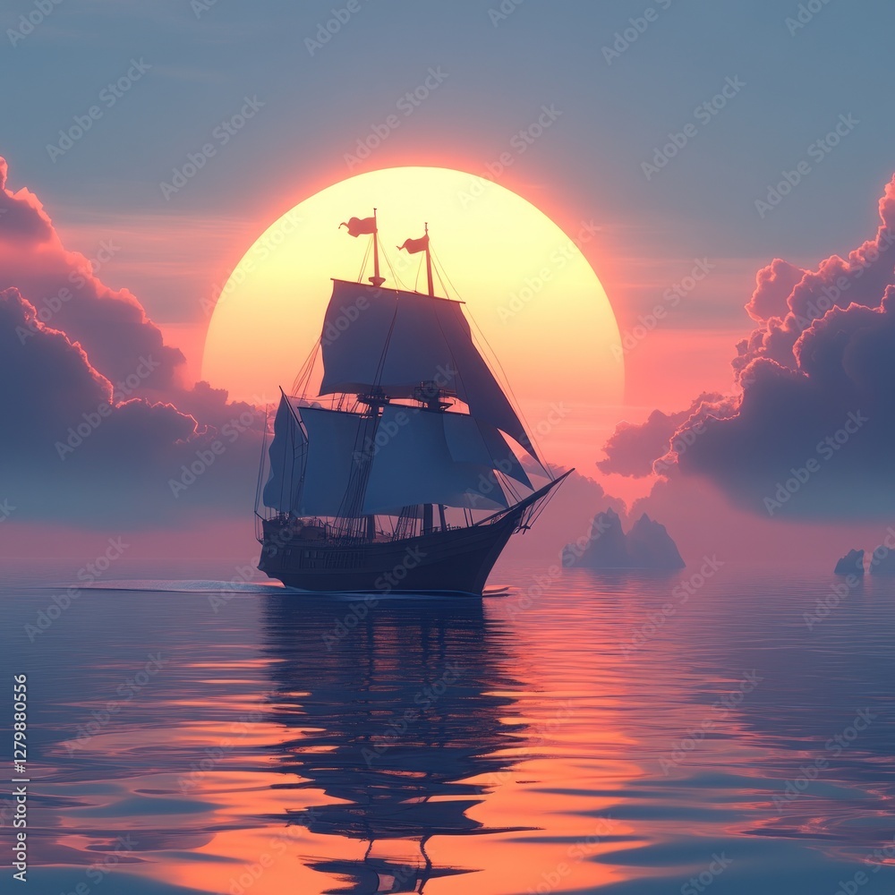 Obraz premium Sailing ship at sunset, ocean, clouds, golden hour.