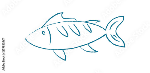 Tuna silhouette doodle. Flat design of a fish shape. Aquatic creature in the ocean, graphic representation with chalk texture, potential for marine projects. Chalk and crayon style