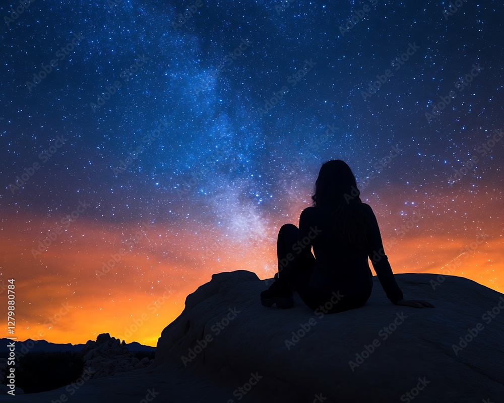 Stargazer Silhouetted on Rock at Night Stargazer Silhouetted on Rock at Night