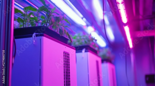 Indoor vertical farming, plants growing under LED lights, hydroponic system, use in agriculture photo