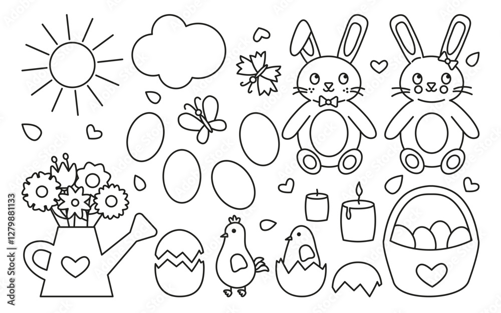 Line-art Easter clipart set featuring rabbits, eggs, chicks, flowers, and seasonal elements. Black-and-white outline vector set for coloring pages, prints, and digital designs Line-art Easter clipart set featuring rabbits, eggs, chicks, flowers, and seasonal elements. Black-and-white outline vector set for coloring pages, prints, and digital designs