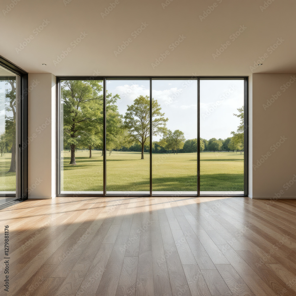 Obraz premium A spacious modern room with a large panoramic window overlooking a green meadow and trees. Features a balcony, parquet wooden floor, and contemporary architecture, perfect for interior design inspirat