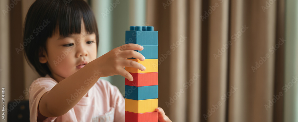 Obraz premium A young girl is playing with a stack of colorful bricks