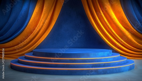 A Blue Stage with Golden Curtains and Soft Lighting