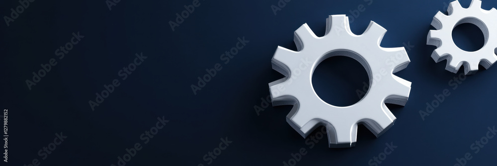 White gears on dark blue background symbolize automation and engineering concepts, representing innovation and technology in design White gears on dark blue background symbolize automation and engineering concepts, representing innovation and technology in design
