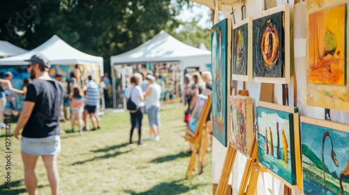 Fototapeta Naklejka Na Ścianę i Meble -  Vibrant arts and crafts festival showcasing local talent in a park setting with attendees enjoying the day