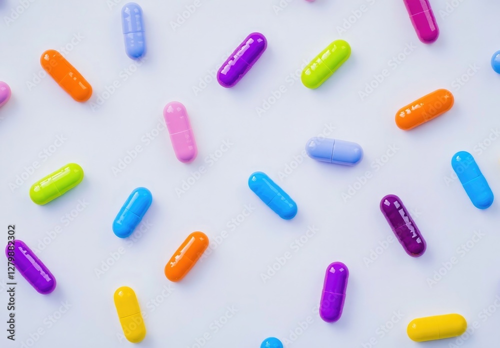 Colorful pills and medical tablets on a white background with copy space, top view Colorful pills and medical tablets on a white background with copy space, top view
