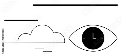 Eye-shaped clock with bold lines beside a cloud, emphasizing time, vision, and creativity. Ideal for time management, mindfulness, focus, innovation, planning abstract art conceptual ideas