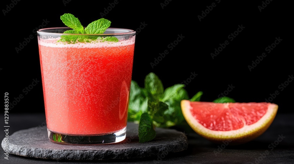 Refreshing grapefruit juice with mint, dark background, healthy drink Refreshing grapefruit juice with mint, dark background, healthy drink
