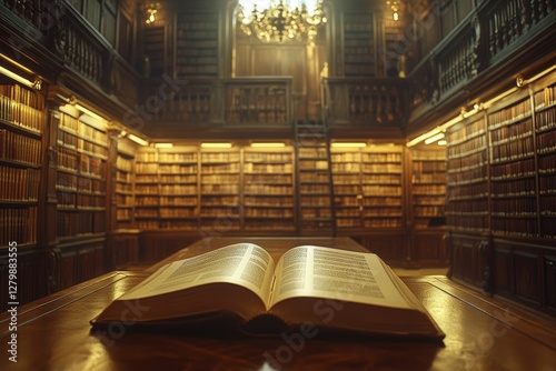 Old library with large open book and dark wooden shelves filled with ancient texts at dusk