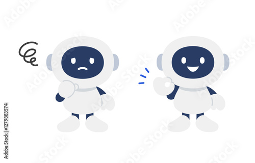 悩み･OKサインのポーズをするAIロボットのセット【ベクターイラスト素材】