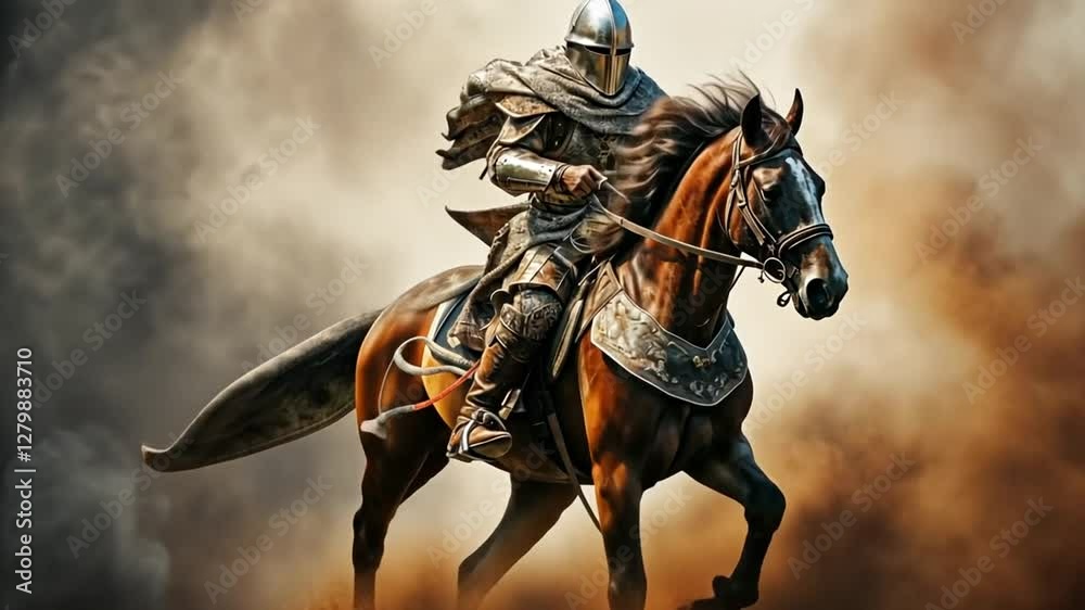 Epic medieval knight on horseback, charging through smoke. Low-angle shot enhances drama, resembling a cinematic video game scene.