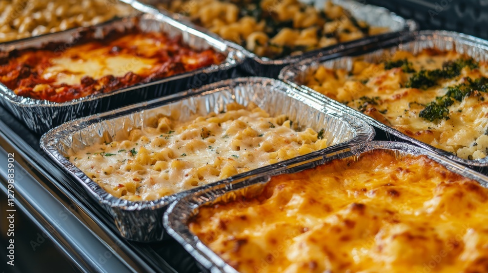 Fototapeta premium Casserole dishes filled with various pasta and cheese meals prepared for a family gathering at a local kitchen