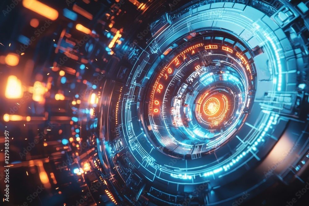 Blue glowing circle pattern with tech elements and dynamic energy flow Blue glowing circle pattern with tech elements and dynamic energy flow