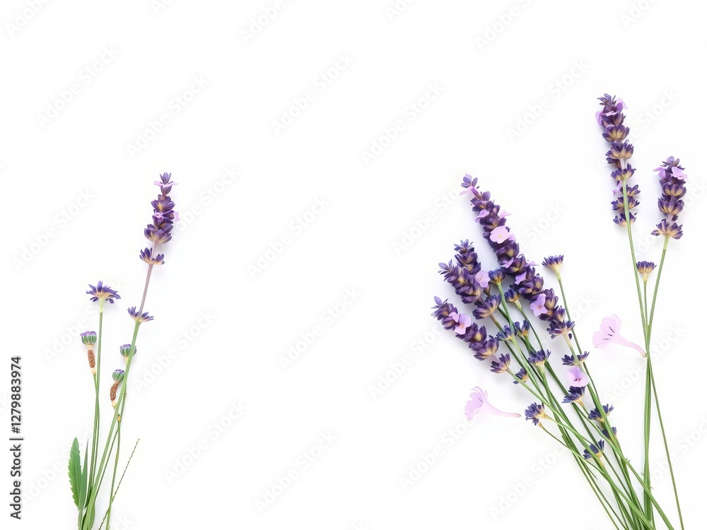 Naklejka premium Bouquet of fresh lavender blooms on soft white background with space for text or design, white background, isolated, creative