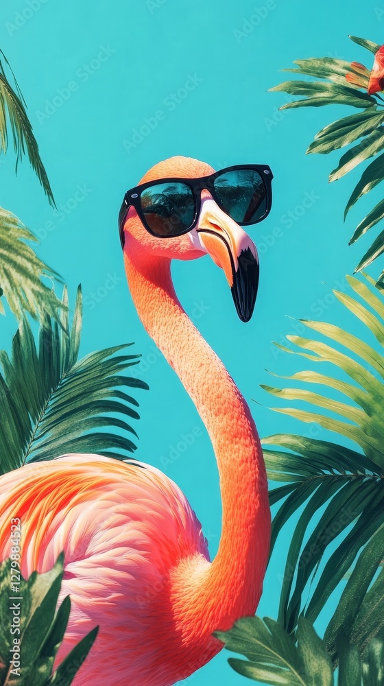 Obraz premium An exotic tropical summer travel scene featuring a playful pink flamingo wearing sunglasses, surrounded by vibrant palm leaves and tropical branches, summer beach party or summer sale promotion
