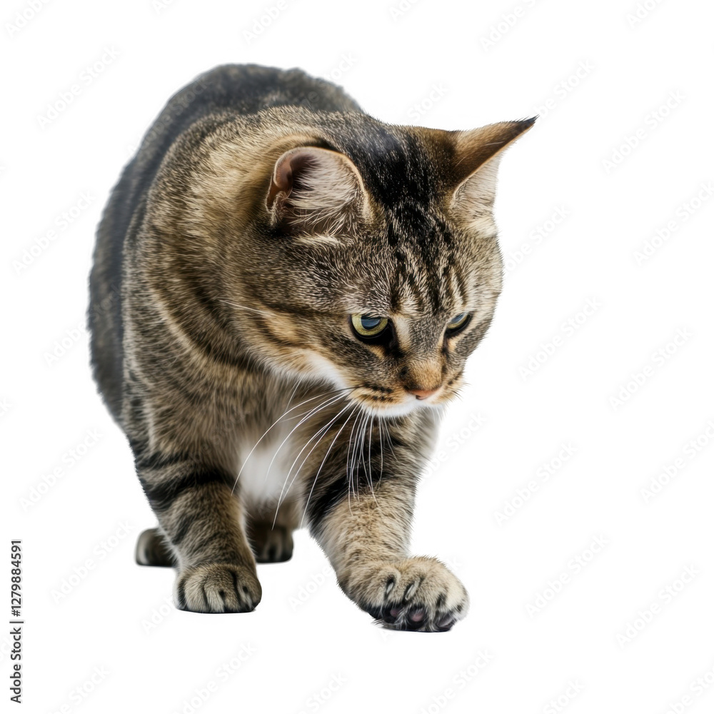 Obraz premium Playful Tabby Cat Approaching with Curiosity on a White Background