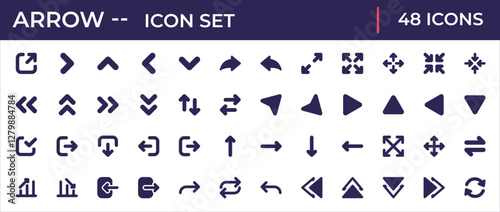Flat arrow icons set featuring directional signs, navigation pointers, forward, backward, up, down, curved, circular, and interactive UI elements.
