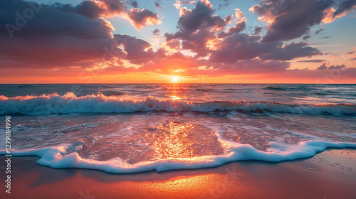 Dramatic Sunset with Silky Waves on a Sandy Shore