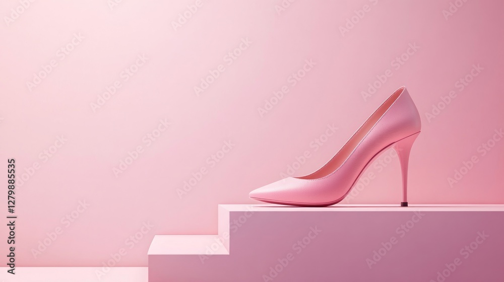 Pink high heel shoe on a pink display podium. Pink high heel shoe on a pink display podium.
