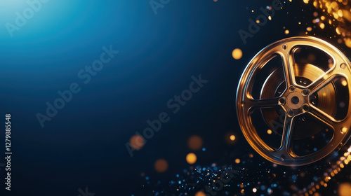 modern cinematic scene featuring golden film reel against blue background, creating dynamic and elegant atmosphere. sparkling lights enhance visual appeal photo