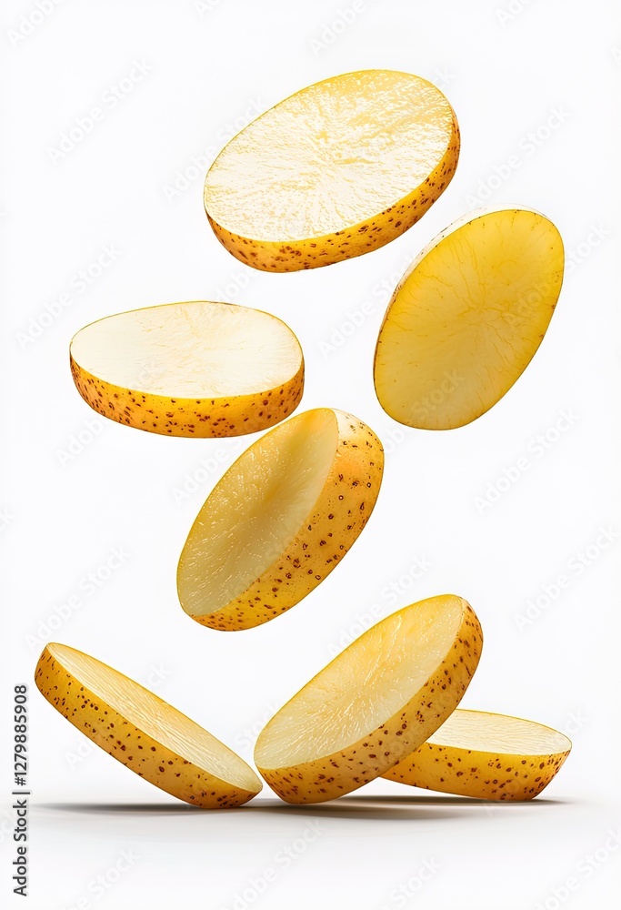 Flying Potato Slices on White Background Flying Potato Slices on White Background