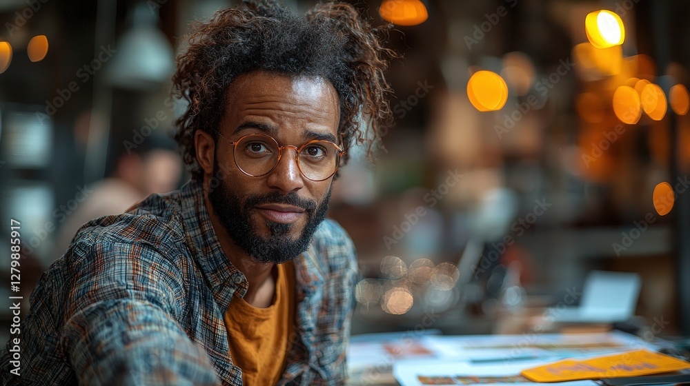 Fototapeta premium Man with glasses, cafe, serious expression, blurred background, portrait