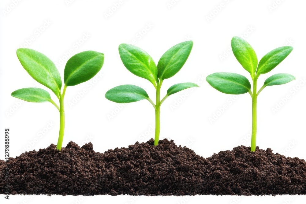 Three vibrant green seedlings emerge from dark soil. Illustrates growth, new beginnings, and environmental themes. Three vibrant green seedlings emerge from dark soil. Illustrates growth, new beginnings, and environmental themes.