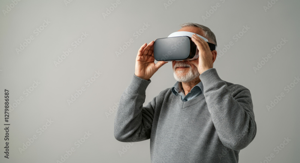 A man wearing a gray sweater is holding a virtual reality headset A man wearing a gray sweater is holding a virtual reality headset