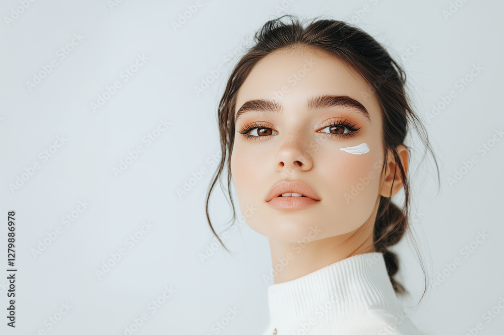Young beautiful woman with face cream on cheekbones, isolated on white background. Young beautiful woman with face cream on cheekbones, isolated on white background.