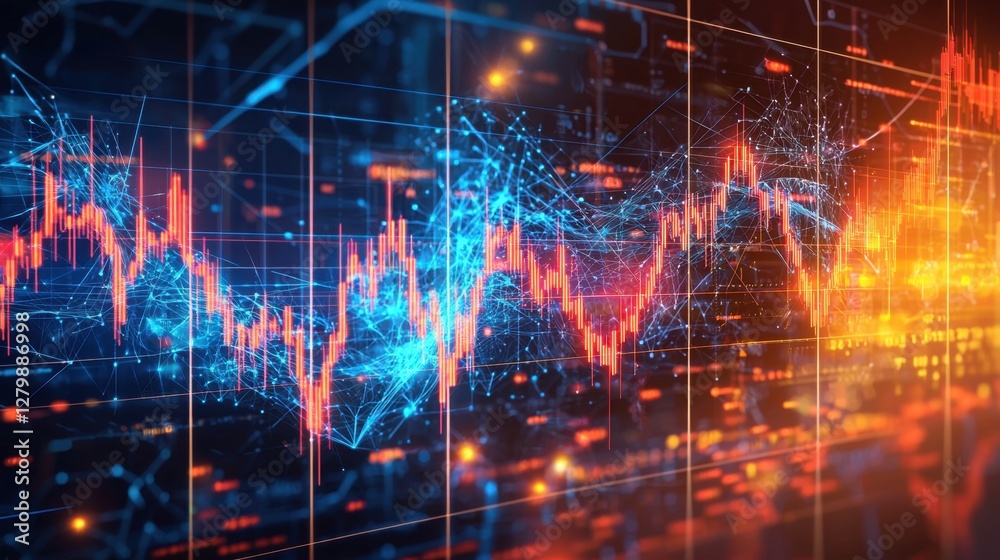 A futuristic digital banner displaying a shattered stock market graph in glowing blue and red hues, perfect for business use. A futuristic digital banner displaying a shattered stock market graph in glowing blue and red hues, perfect for business use.