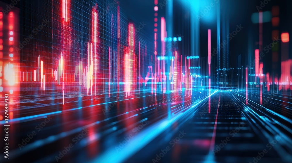 A futuristic digital stock decline graph on a sleek corporate banner with cyber neon accents. A futuristic digital stock decline graph on a sleek corporate banner with cyber neon accents.