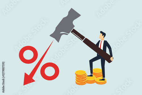 Federal Reserve low interest rate or central bank with long time zero percent interest rate until economic recover concept, businessman FED leader using hammer to nailed percentage sign to the floor