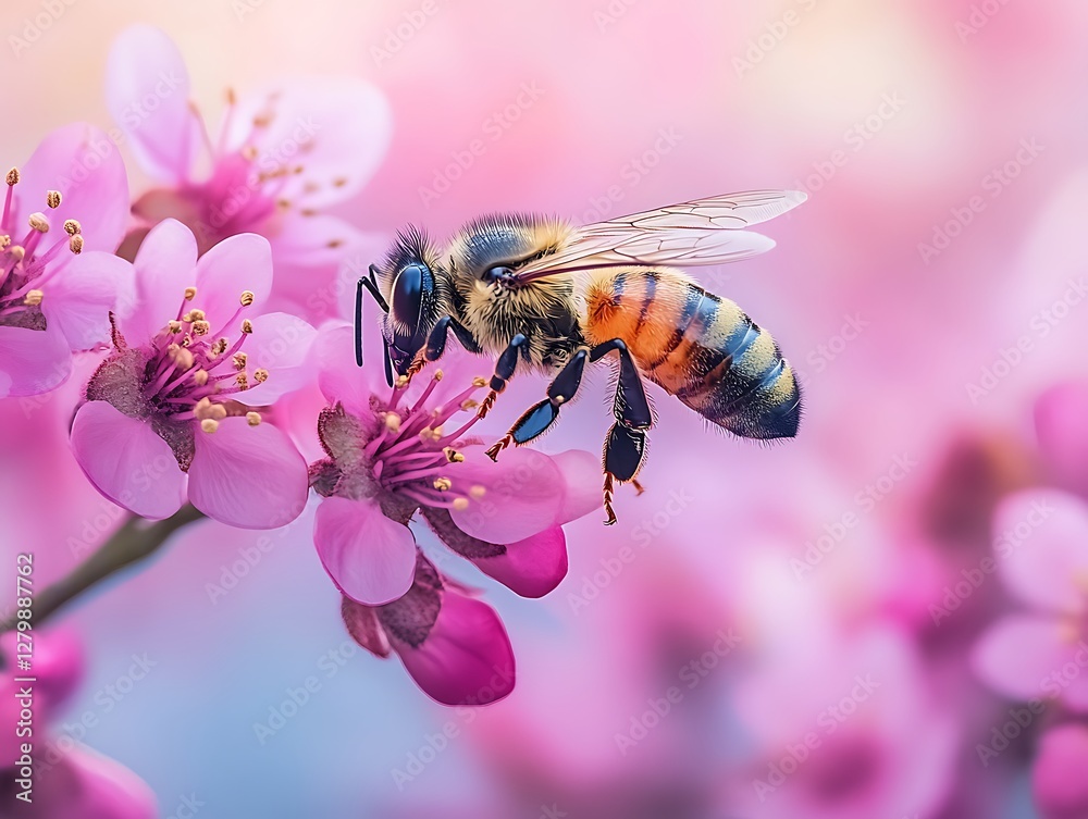 Bee pollinating pink blossoms, spring garden Bee pollinating pink blossoms, spring garden
