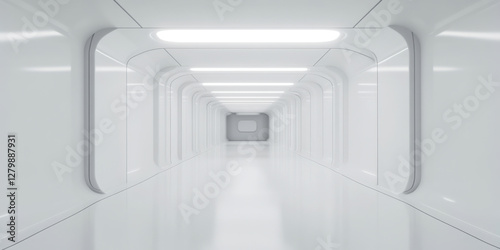 futuristic corridor with sleek white walls and bright lighting creates clean  sterile environment. design evokes sense of isolation and advanced technology