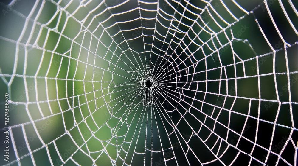 Obraz premium close up shot of intricate spider web showcasing delicate patterns and fine details, set against blurred green background, evokes sense of nature artistry