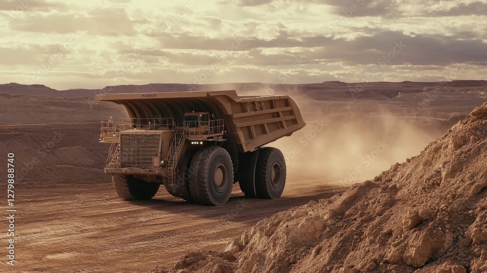 Mining truck on dusty road in open pit mine at sunset Mining truck on dusty road in open pit mine at sunset